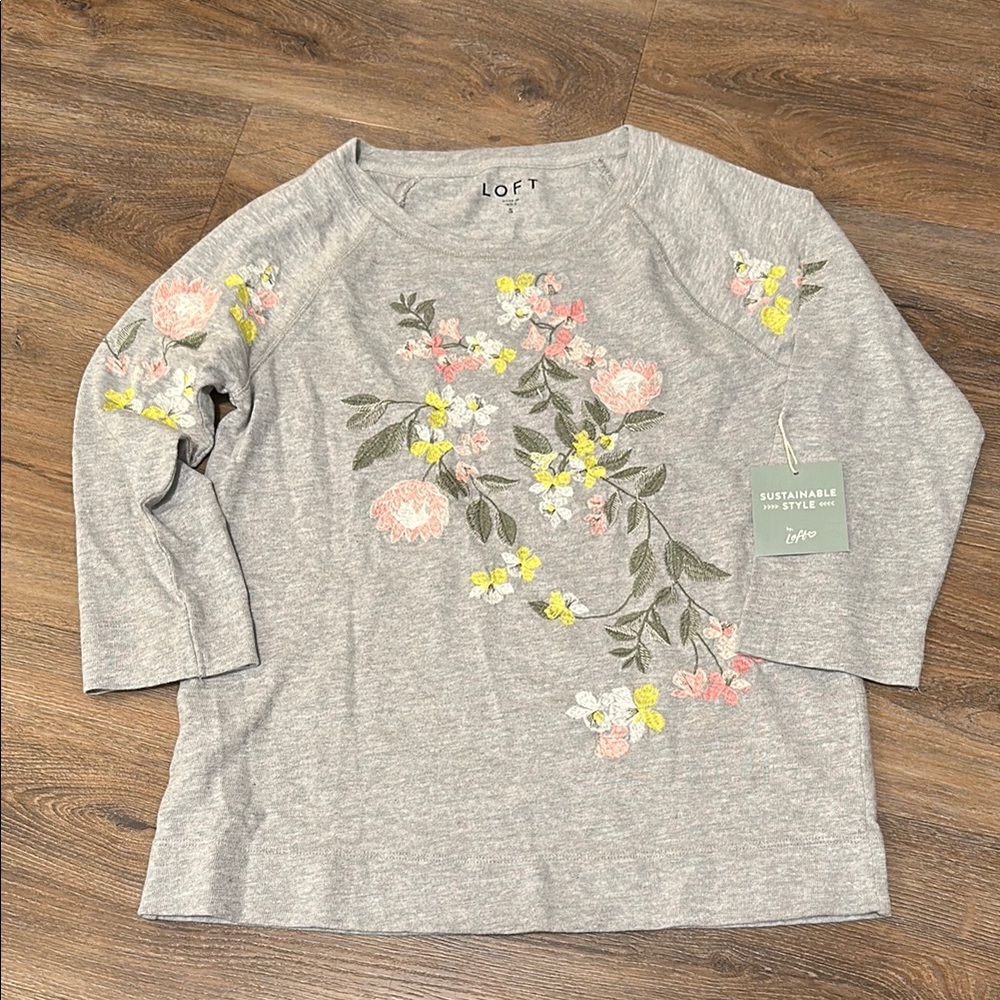 LOFT Gray Floral Embroidered Top